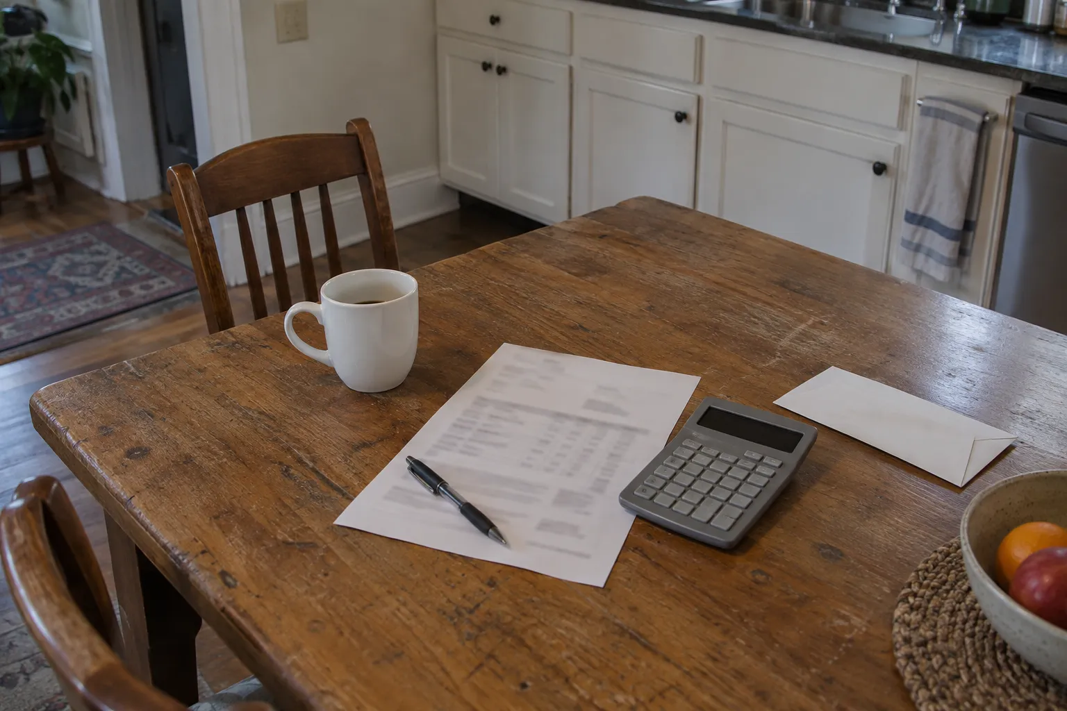 Wooden kitchen table with a printed invoice and pen, a gray calculator, a white coffee mug and an envelope, white cabinets behind