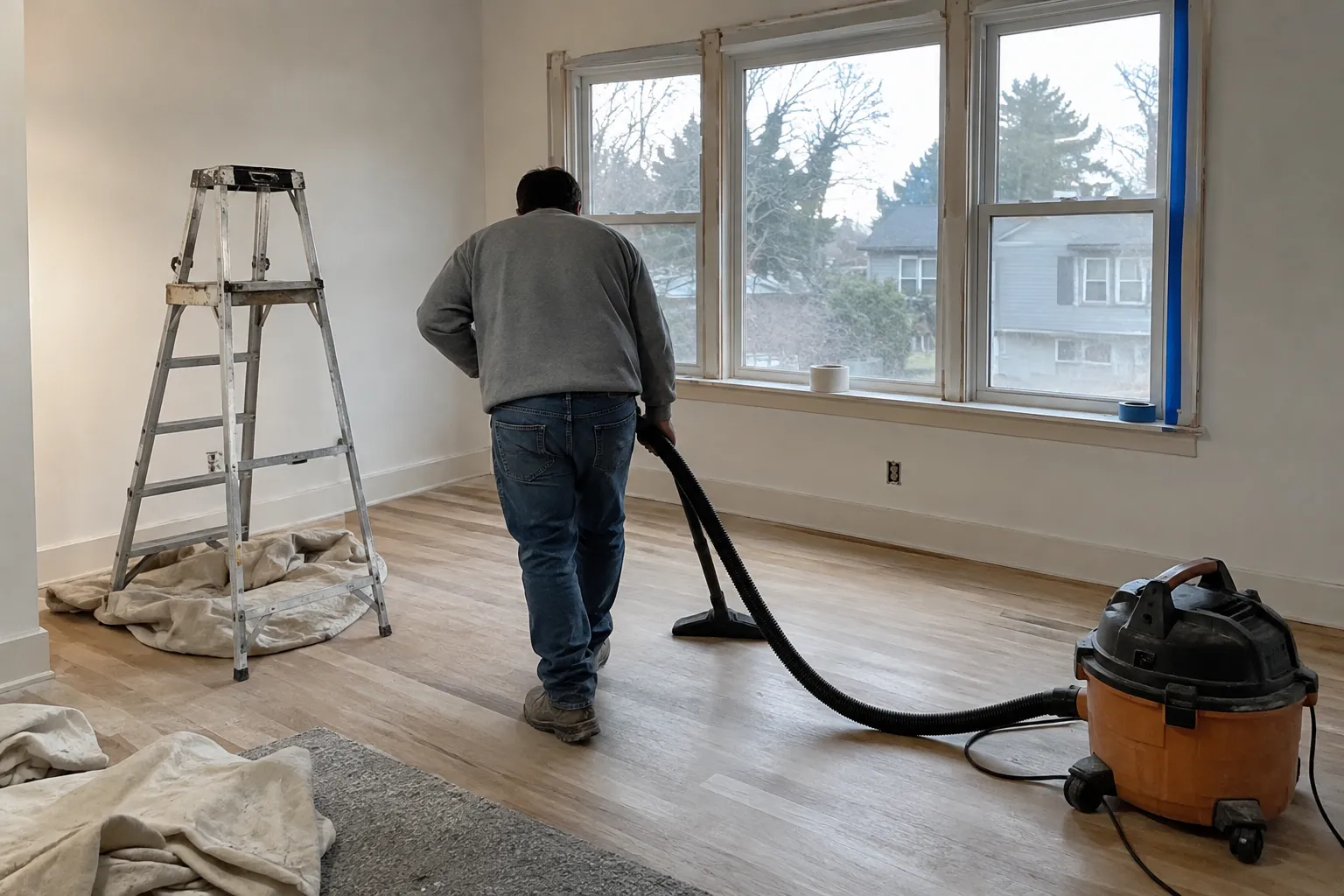Worker seen from behind vacuuming a newly renovated room with a shop vacuum, a ladder and drop cloths nearby
