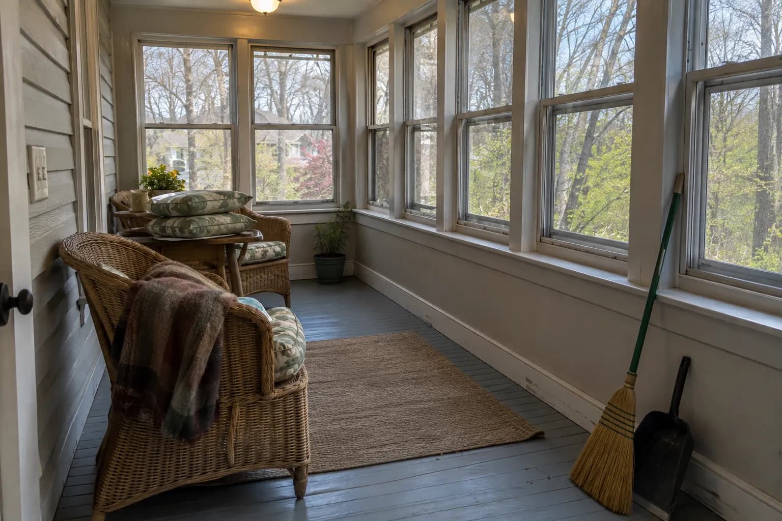 Enclosed three-season porch with wicker chairs, stacked cushions, and a broom and dustpan in the corner