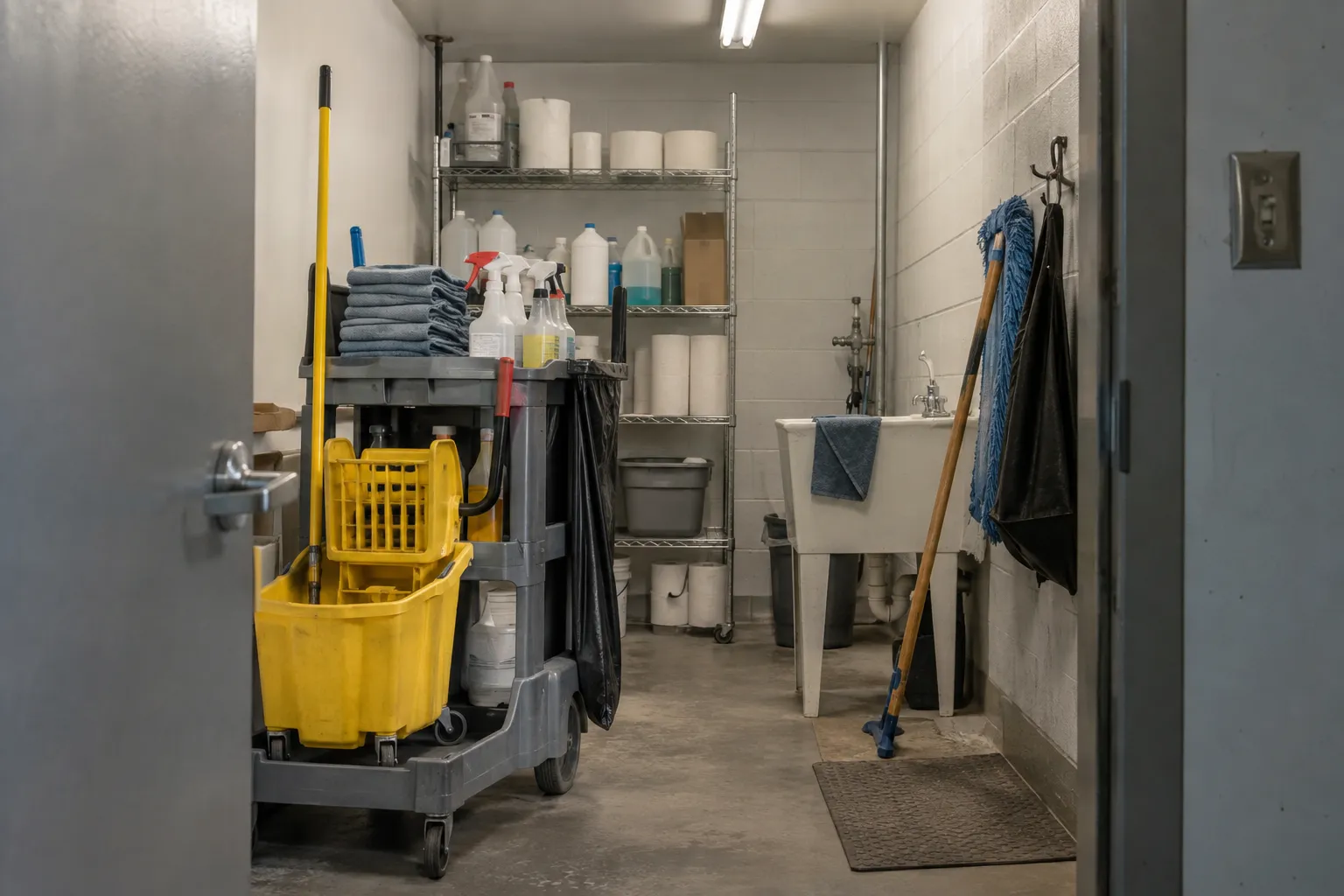 A janitorial closet with a stocked cleaning cart ready for the evening