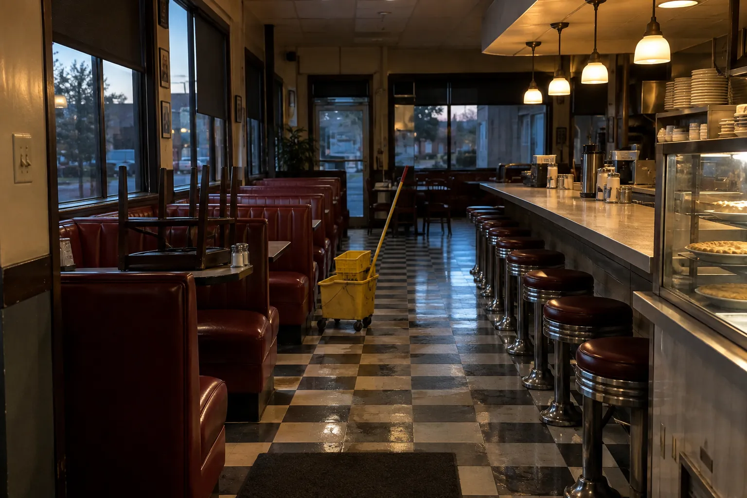 A diner after closing with chairs up on a table and a mop bucket in the aisle