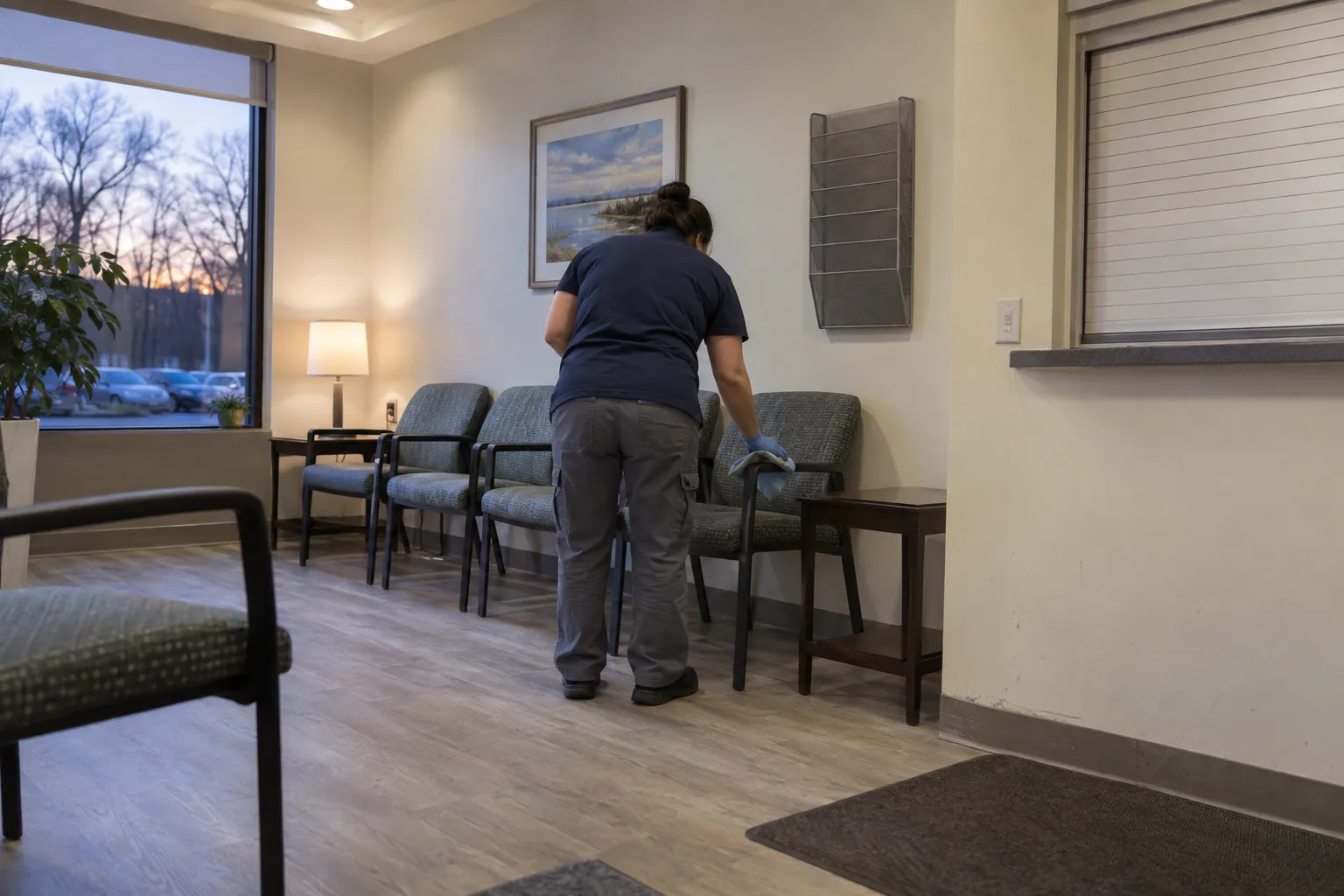 A crew member, seen from behind, wiping down chairs in a medical office waiting room