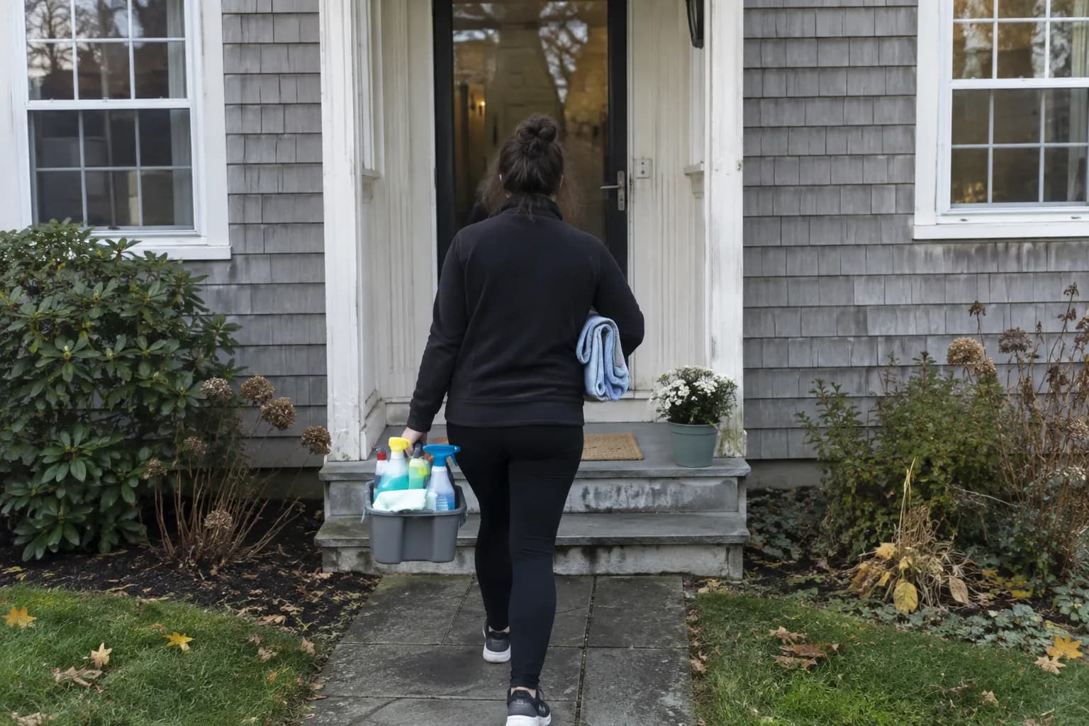 A crew member, seen from behind, carrying a caddy of cleaning supplies up a front walk