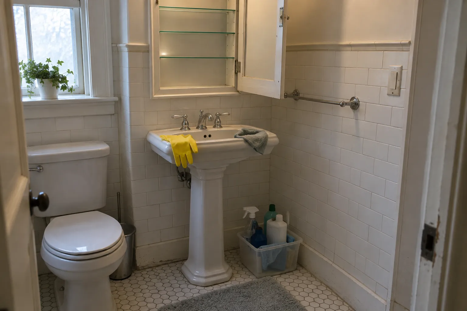 An open, freshly wiped medicine cabinet above a pedestal sink in the bathroom of a newly bought home