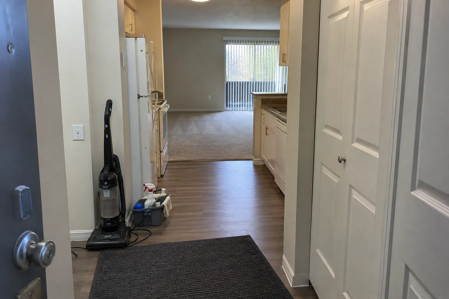 A vacant apartment seen from the front door, with a vacuum and cleaning caddy just inside