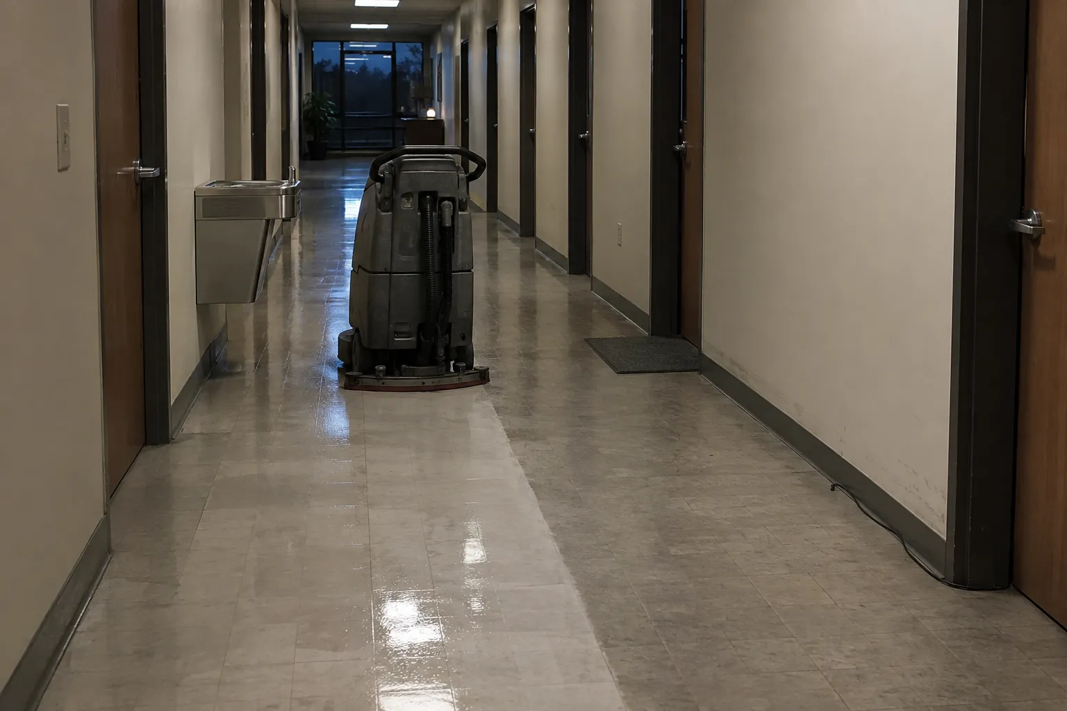 A floor scrubber partway down an office corridor, with the scrubbed half of the floor shining