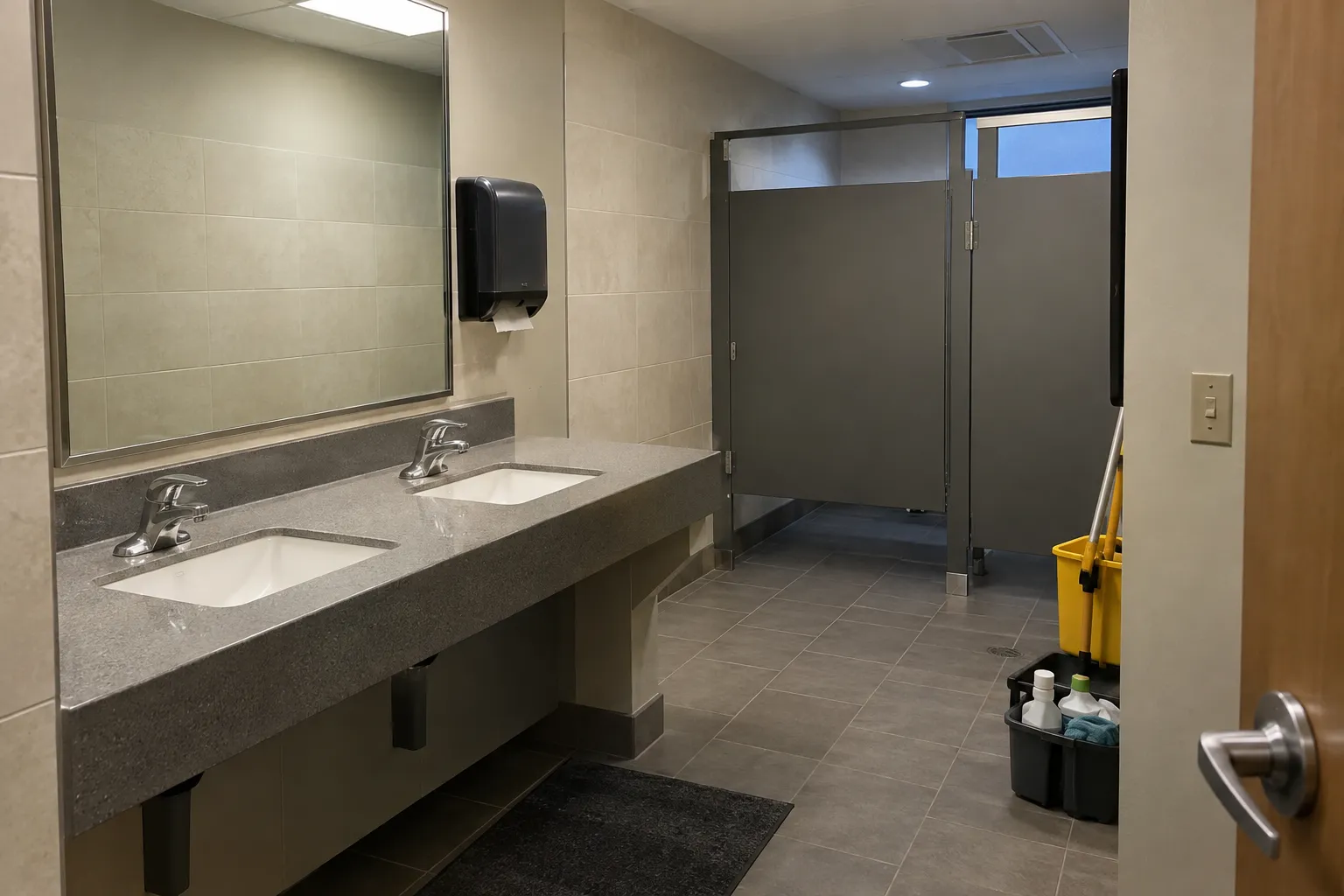 A cleaned office restroom with a supply caddy and mop bucket by the door