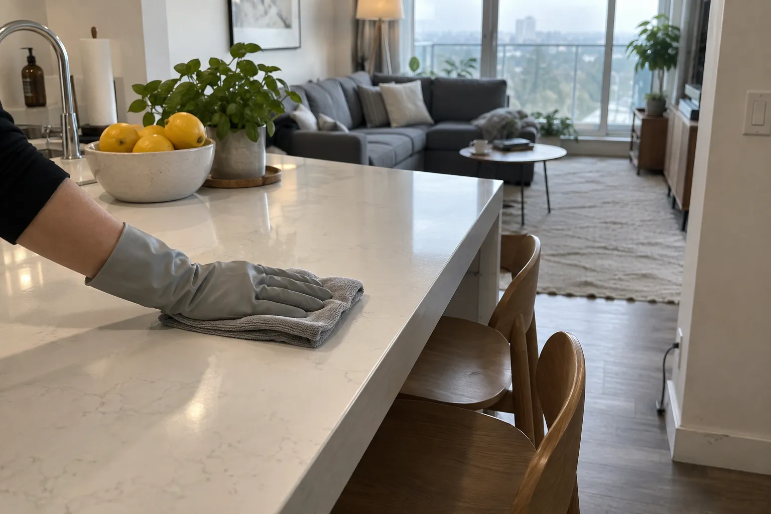 A gloved hand wiping down the white kitchen island of a small condo