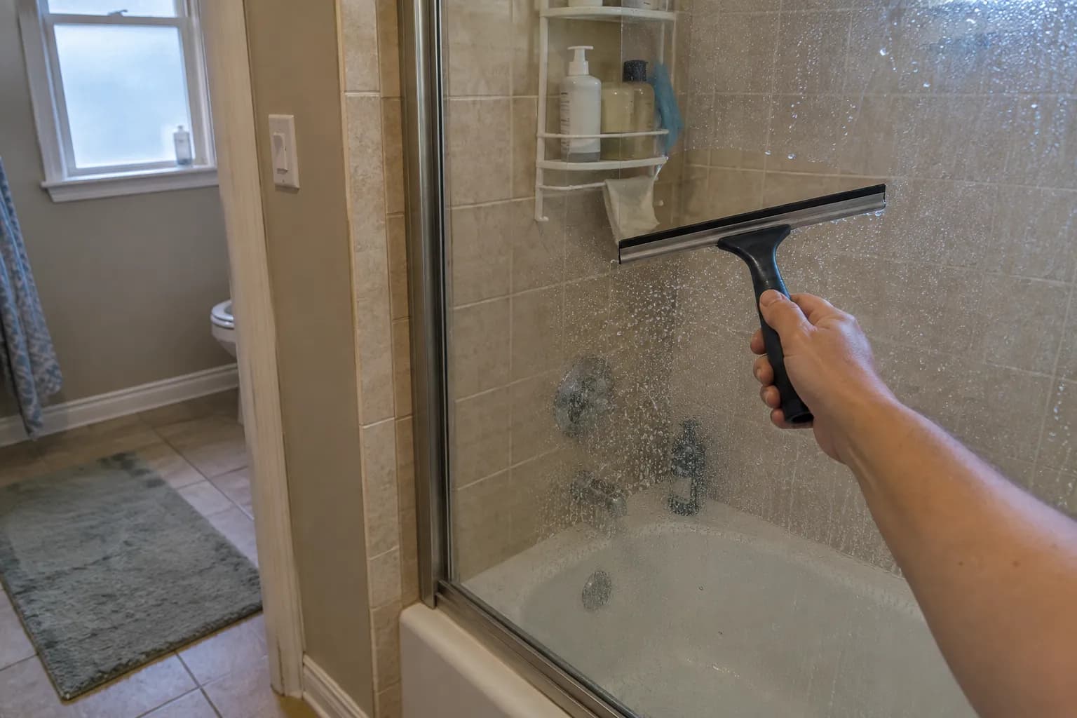 A hand squeegeeing water off a glass shower door in a hall bathroom