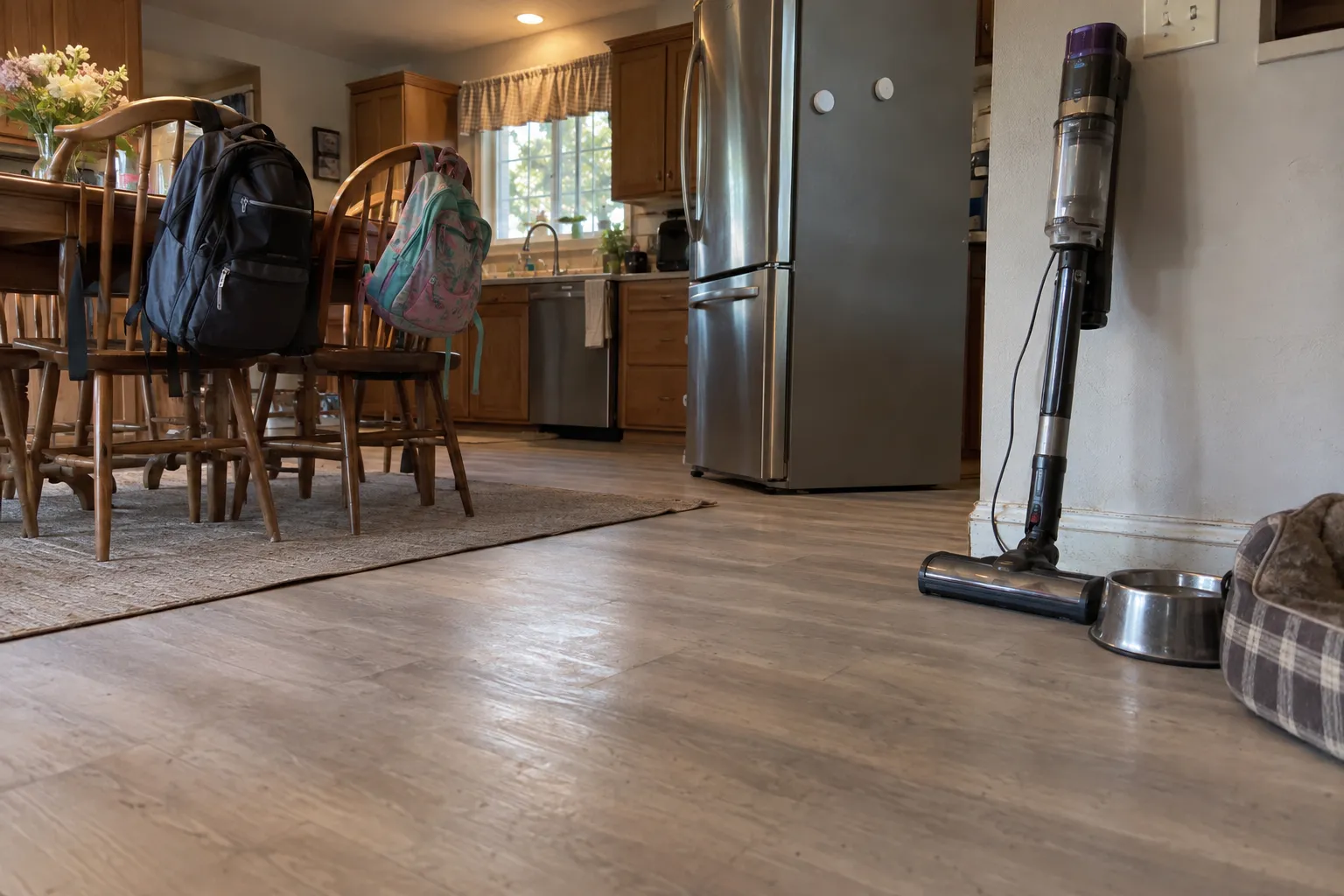 A cordless vacuum on a family kitchen floor beside a dog bed and water bowl, with backpacks on the chairs