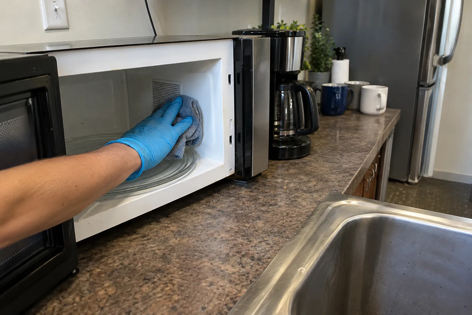 A gloved hand wiping the inside of a microwave in an office break room