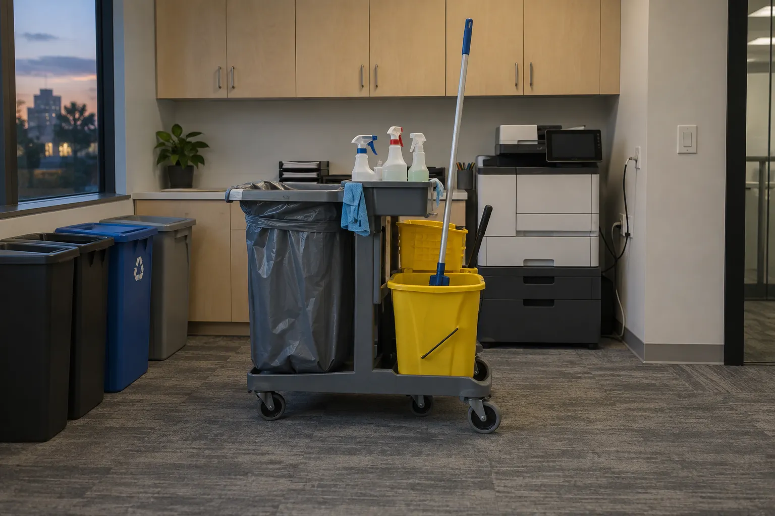 A janitorial cart parked by the recycling bins in an office print area