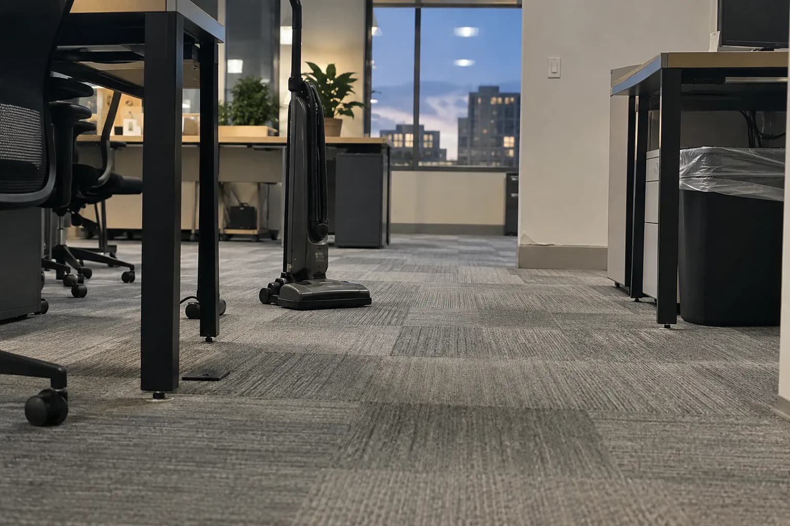 A commercial upright vacuum on office carpet tile between the desks after hours