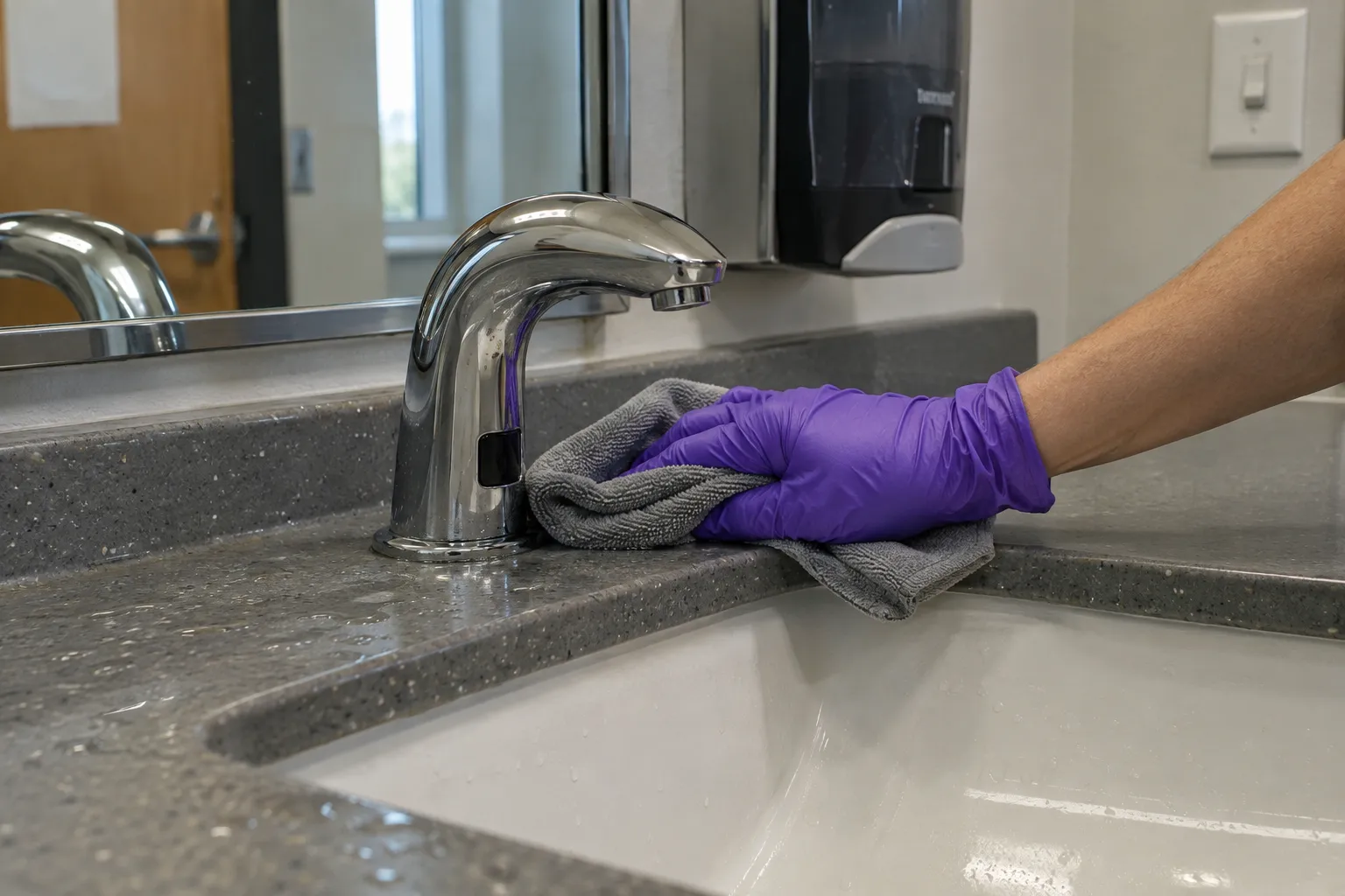 A gloved hand wiping a sensor faucet in a commercial restroom