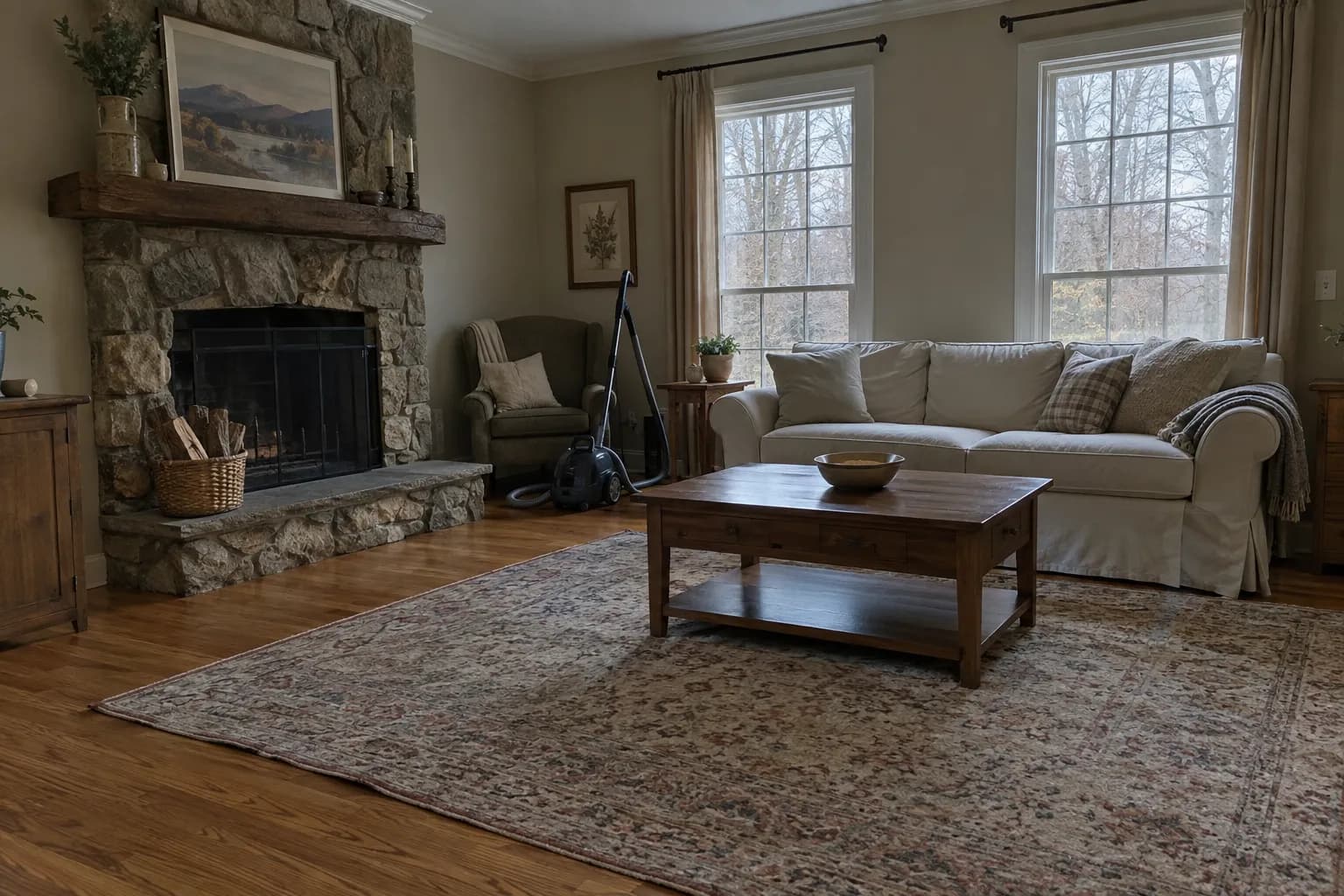 Family room of a suburban colonial on an overcast day after cleaning, with a fieldstone fireplace, a slipcovered sofa, a wooden coffee table, a large rug and a canister vacuum by an armchair