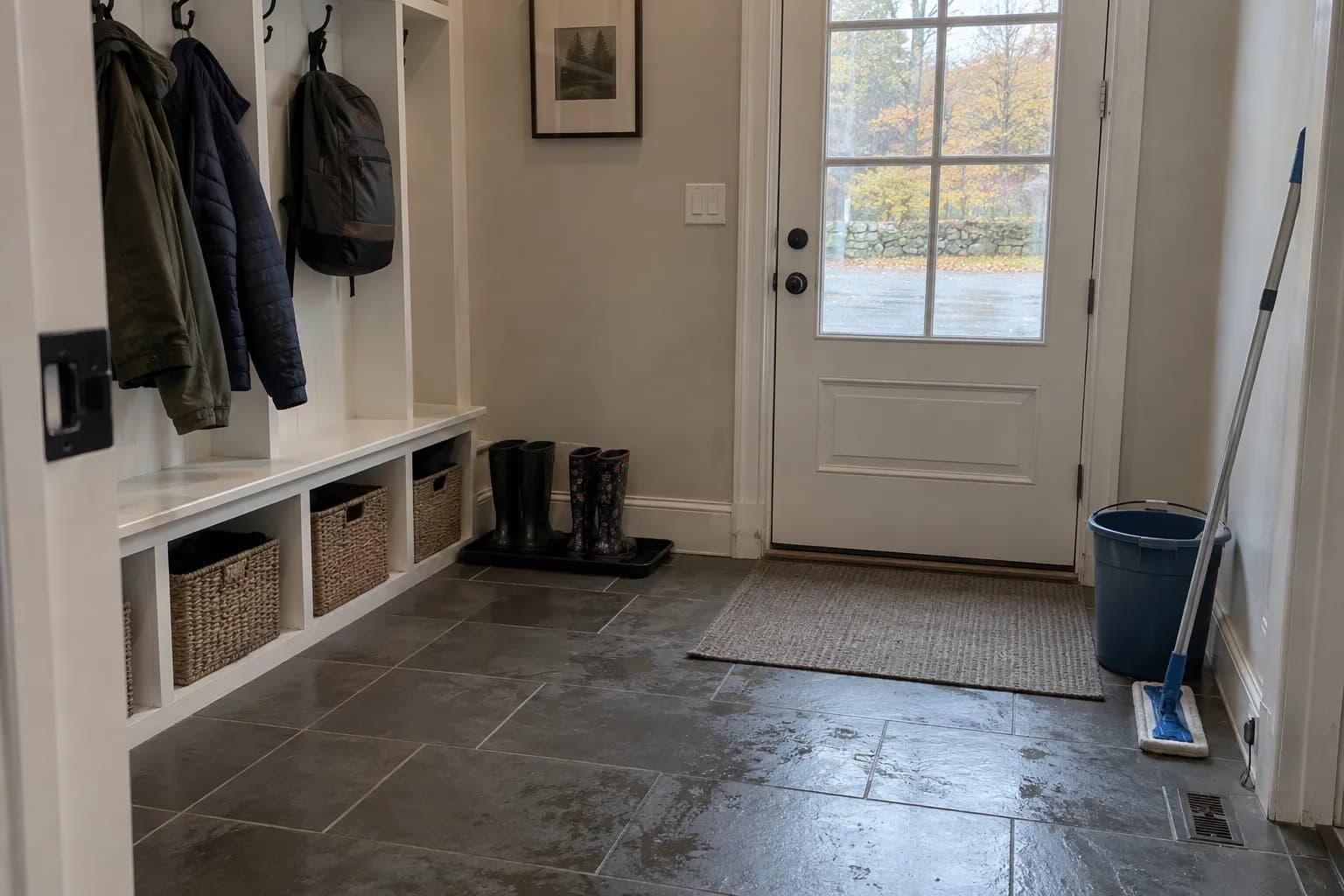 Mudroom entry of a family house with a freshly mopped slate floor, a built-in bench with cubbies and coat hooks, rubber boots on a tray and a bucket and flat mop by the door