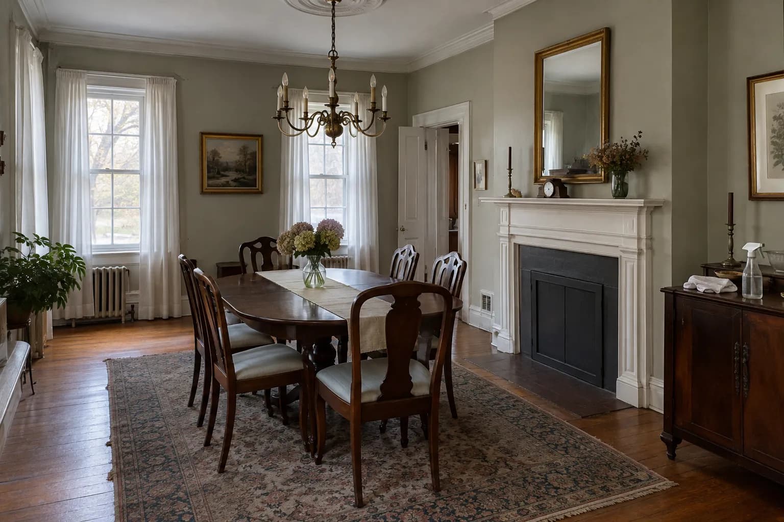 Dining room of a nineteenth-century house after cleaning, with tall curtained windows, a brass chandelier under a plaster ceiling medallion, an oval table with upholstered chairs, a patterned rug on oak floors and a spray bottle and cloth on the sideboard