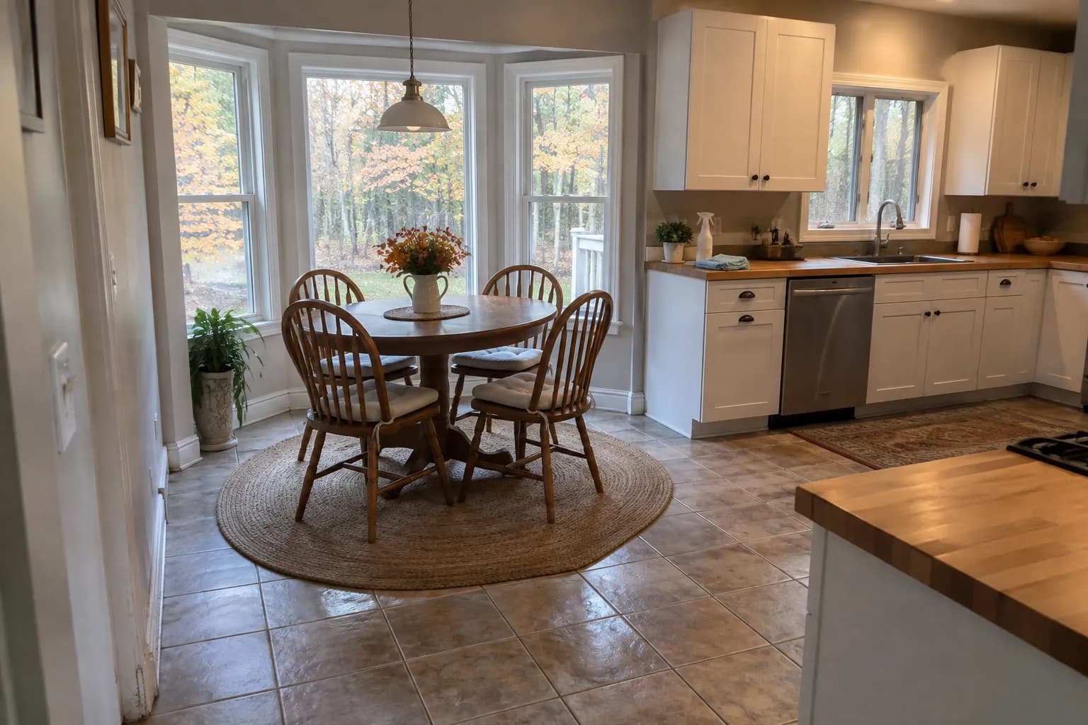 Eat-in kitchen of a suburban colonial after cleaning, with white shaker cabinets, butcher-block counters, a round table in a bay window and fall trees outside