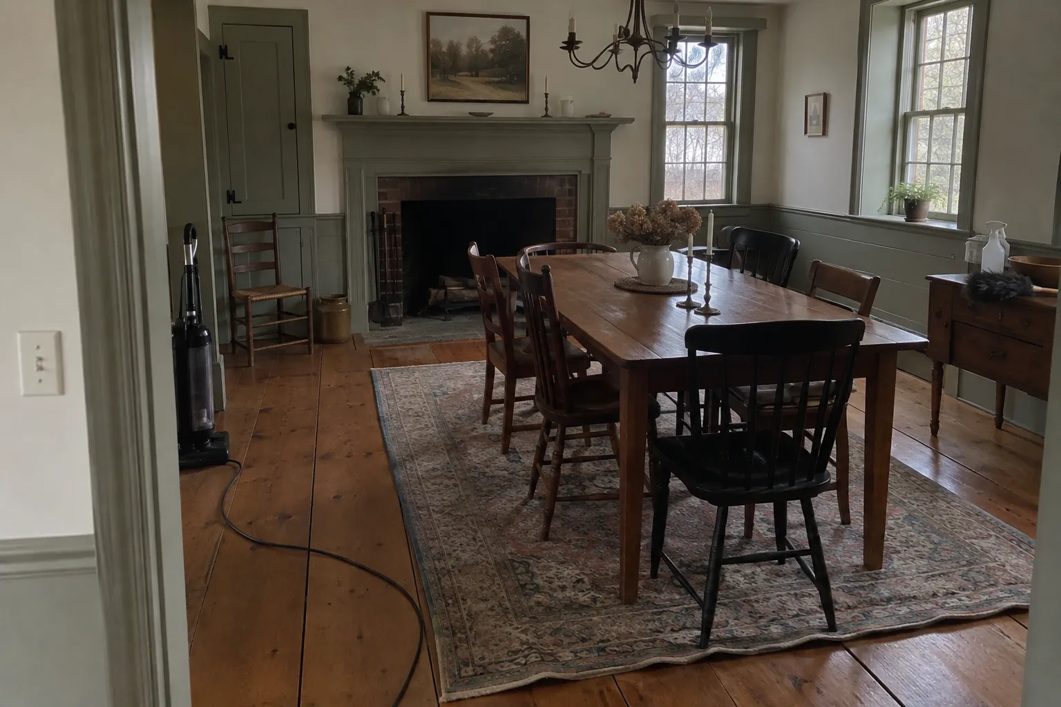 Dining room of an older colonial house with wide-plank pine floors, painted wainscot and a wooden table, just cleaned, with a duster and spray bottle on a side table