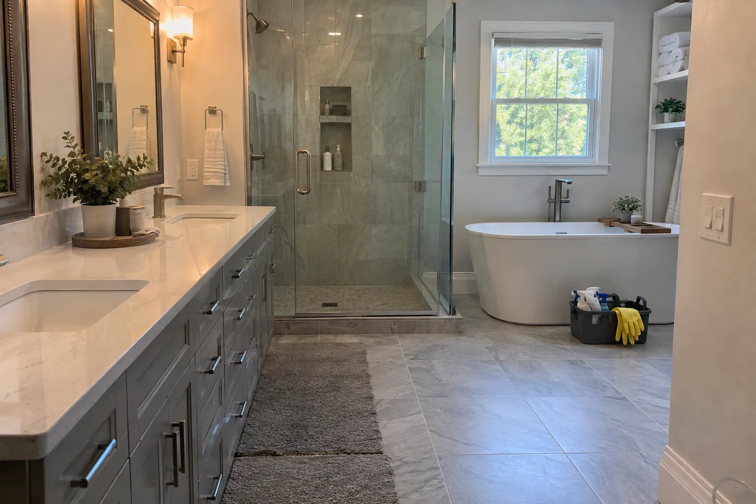 Freshly cleaned primary bathroom with a double vanity, glass walk-in shower, freestanding tub and a supply caddy with yellow gloves on the tile floor