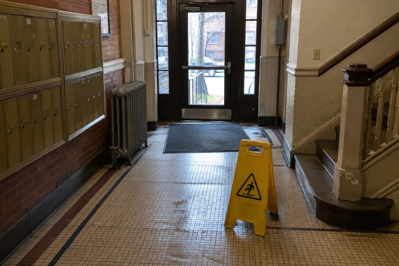 Freshly mopped tile lobby of a brick apartment building with mailboxes, a radiator and a yellow wet-floor sign
