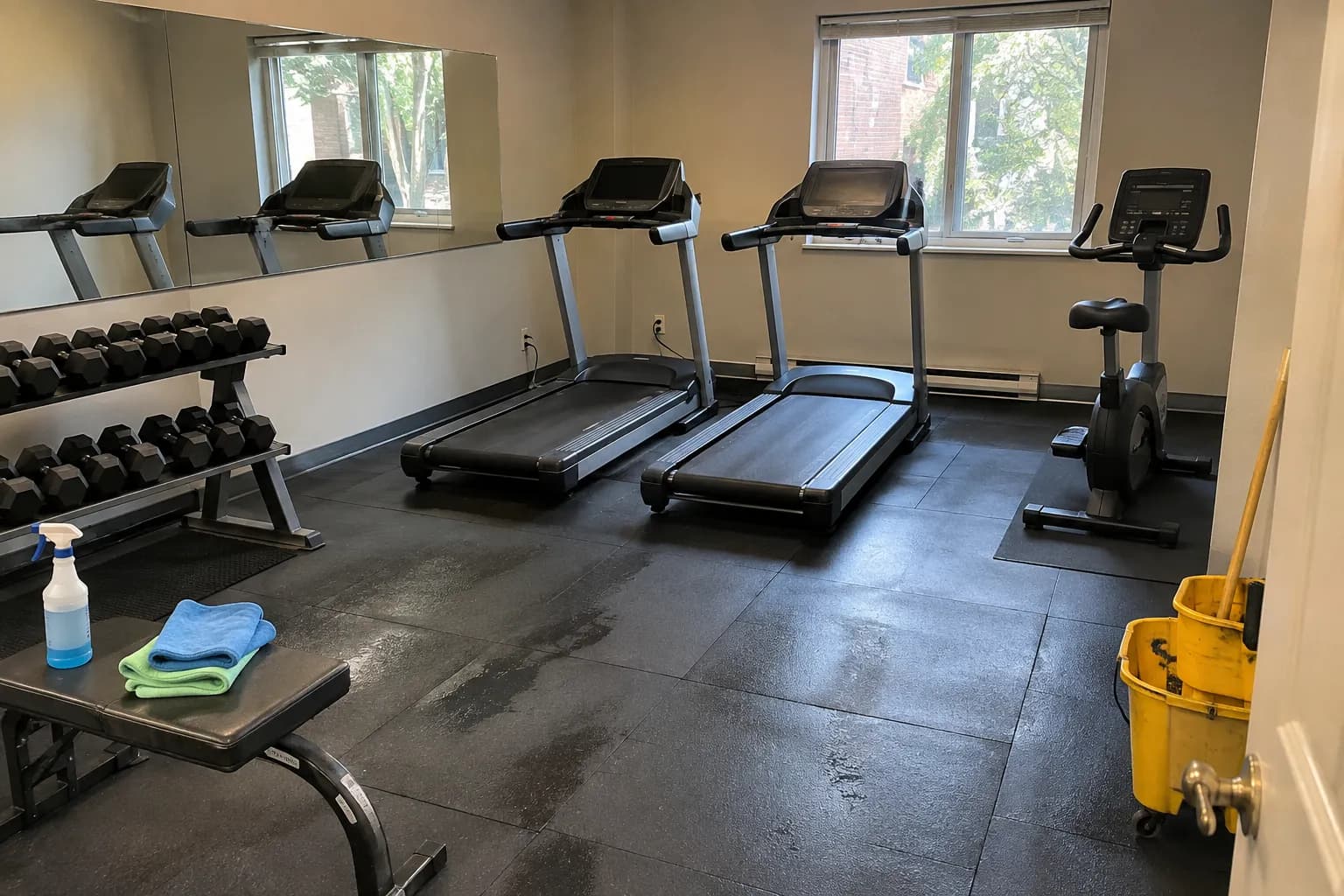 Small fitness room in an apartment building after cleaning, with two treadmills, an exercise bike and a dumbbell rack, rubber floor tiles drying after mopping, cleaning cloths on a bench and a yellow mop bucket by the door