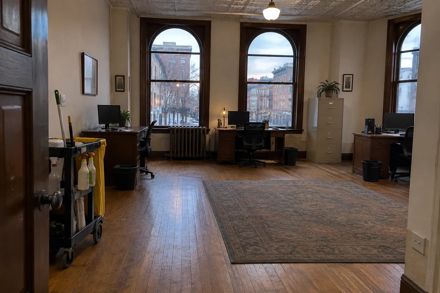 Second-floor office in an older brick commercial building at dusk after cleaning, with a pressed-tin ceiling, arched windows, wooden desks, a radiator and a janitorial cart by the door