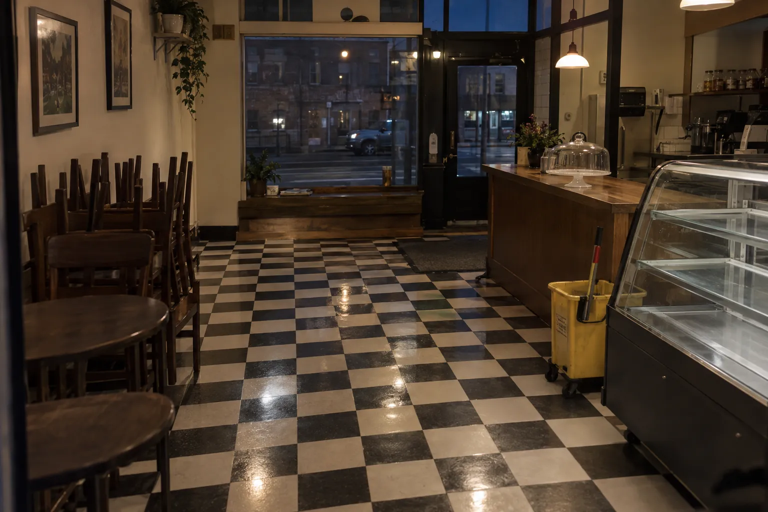 Small bakery and cafe after closing with a freshly mopped black-and-white checkered floor, an empty glass display case, stacked chairs and a yellow mop bucket by the counter