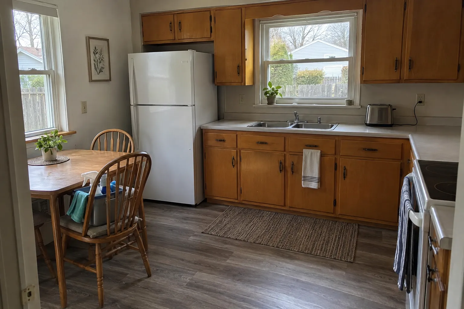 Kitchen of a mid-century ranch house after cleaning, with honey-colored wood cabinets, a wiped laminate counter, a breakfast table by the window and a cleaning caddy on a chair