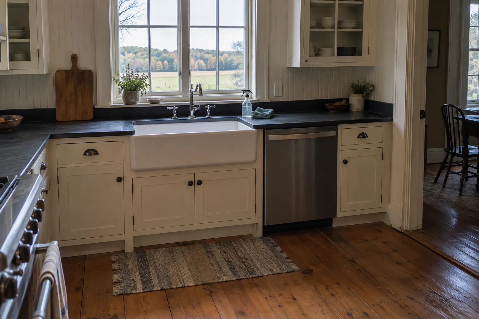 Farmhouse-style kitchen after cleaning, with an apron-front sink, dark soapstone counters, beadboard walls, a worn wide pine floor and a window looking onto a field