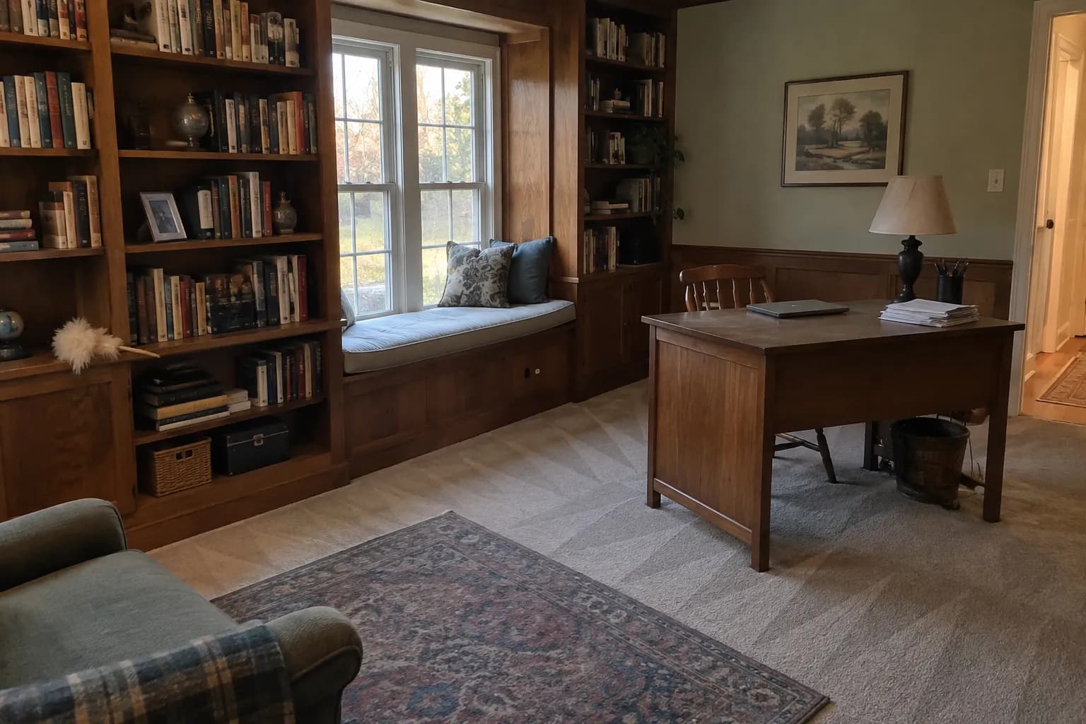 Home study after dusting and vacuuming, with built-in wooden bookshelves, a window seat, a wooden desk with a closed laptop and fresh vacuum lines in the carpet