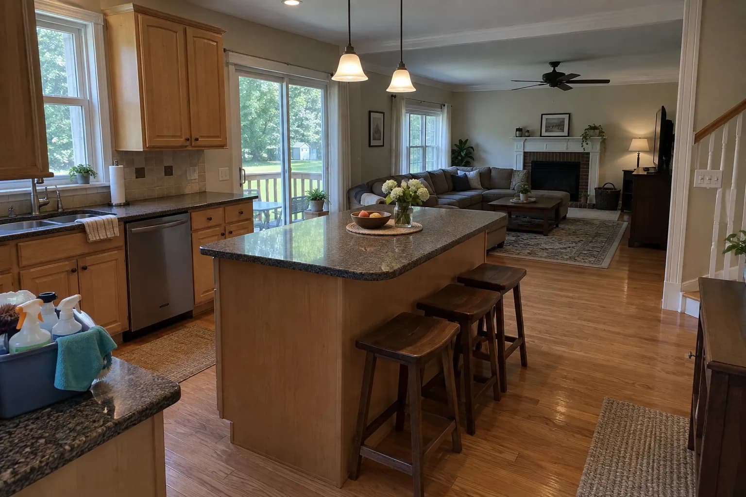 Open kitchen and family room in a suburban colonial after a routine cleaning, with granite counters, a kitchen island and a caddy of cleaning supplies
