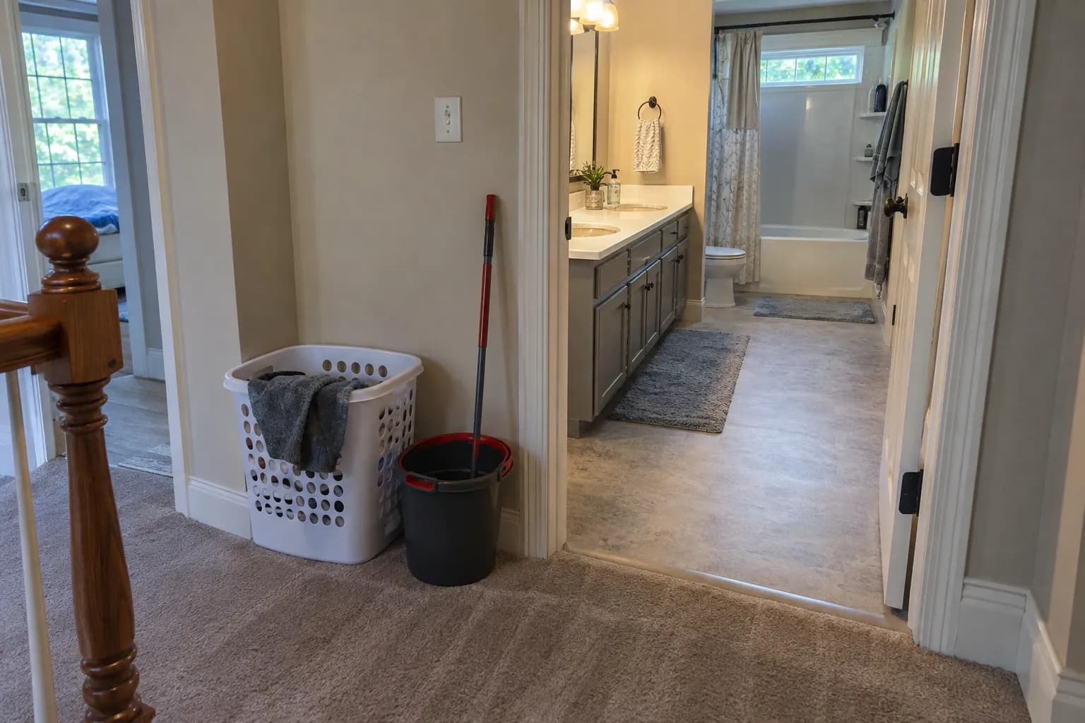 Upstairs hallway with freshly vacuumed carpet beside a clean double-sink bathroom, with a laundry basket and mop bucket by the wall