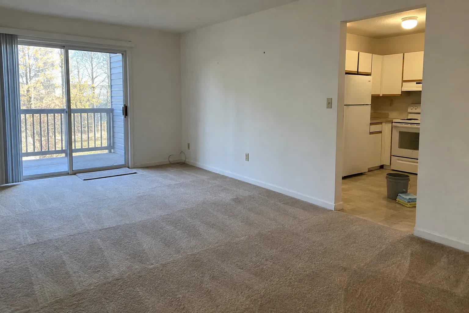 Empty apartment living room after a move-out cleaning, with vacuum lines in beige carpet, a sliding balcony door and a small kitchen with a bucket and cloths