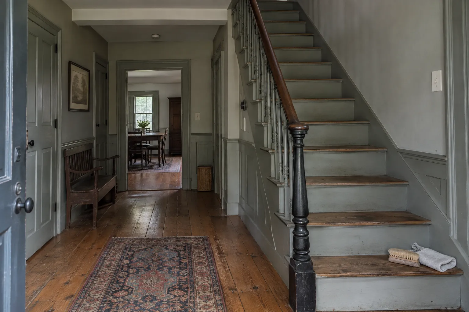 Entry hall of an eighteenth-century-style house after a careful cleaning, with a narrow painted staircase, wide worn pine floorboards, gray-green paneling, an antique bench and a soft brush on the bottom step