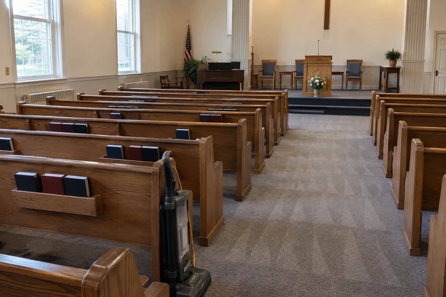 Sanctuary of a modest church after cleaning, with wooden pews and hymnals, a freshly vacuumed carpeted aisle, a lectern at the front and an upright vacuum at the end of a pew