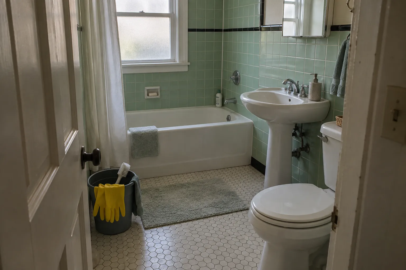 Small bathroom with original pastel green wall tile after cleaning, with a white tub and pulled-back shower curtain, a pedestal sink, scrubbed white hexagon floor tile and a bucket holding yellow gloves and a scrub brush